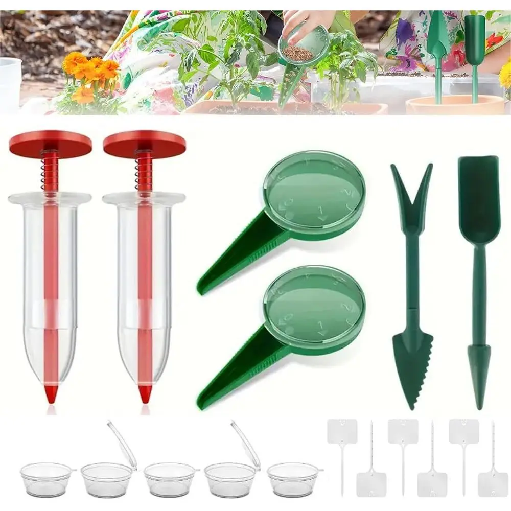 6 PCS Mini Seed Spreader Set, 2025 New Mini Sowing Seed Dispenser, Small Garden Seed Planter Tool, Hand held Manual Seed Spreader with Seedlings Dibber and Widger Set for Tiny Seeds