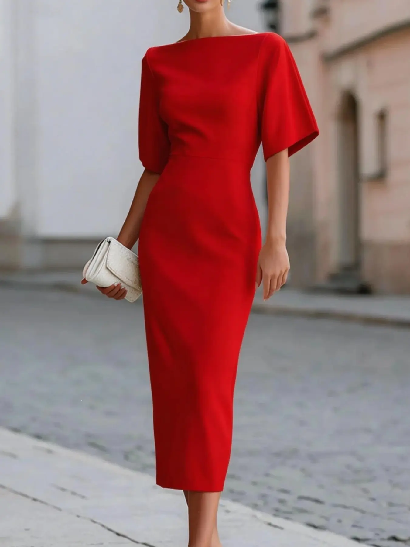 Elegant Chic Boat Neck Fitted Midi Dress, Tailored Cutout Design, Flowing Fabric, Perfect for Wedding Guests, Formal, Exudes Graceful Demeanor