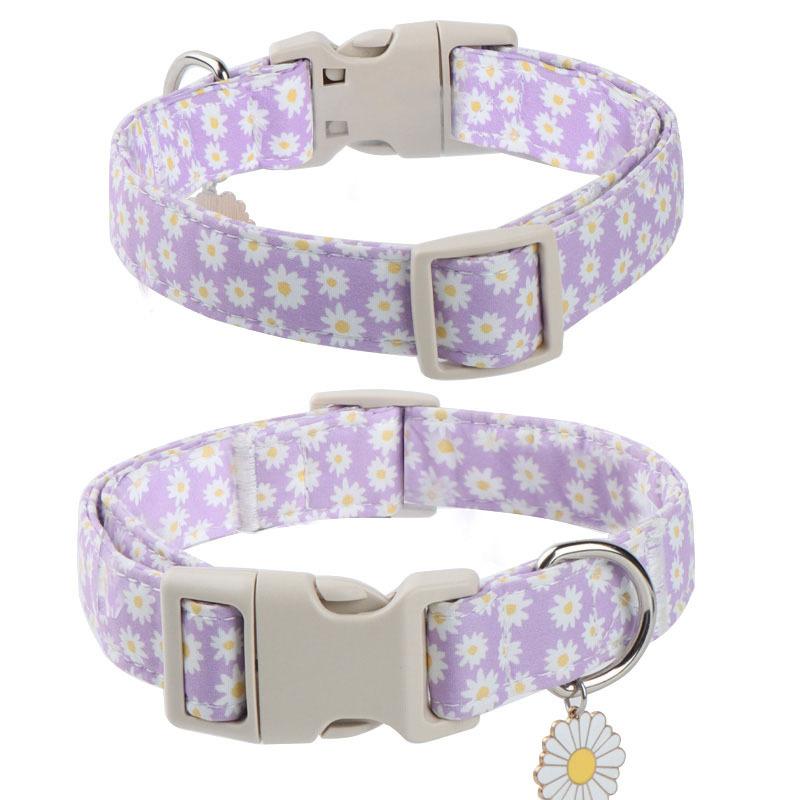 Cat & Dog Collar, Purple Daisy Print Adjustable Pet Collar with Quick Release Buckle, Soft Comfortable Durable No Smell Collar for Small Medium Dogs Cats, Cute Floral Pet Neck Accessory with Daisy Charm