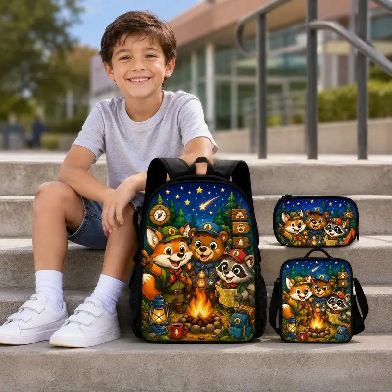 Camping Animals Backpack Set, 3 Piece School Bag with Lunch Bag and Pencil Case, Woodland Fox Bear Raccoon Bookbag for Boys Girls