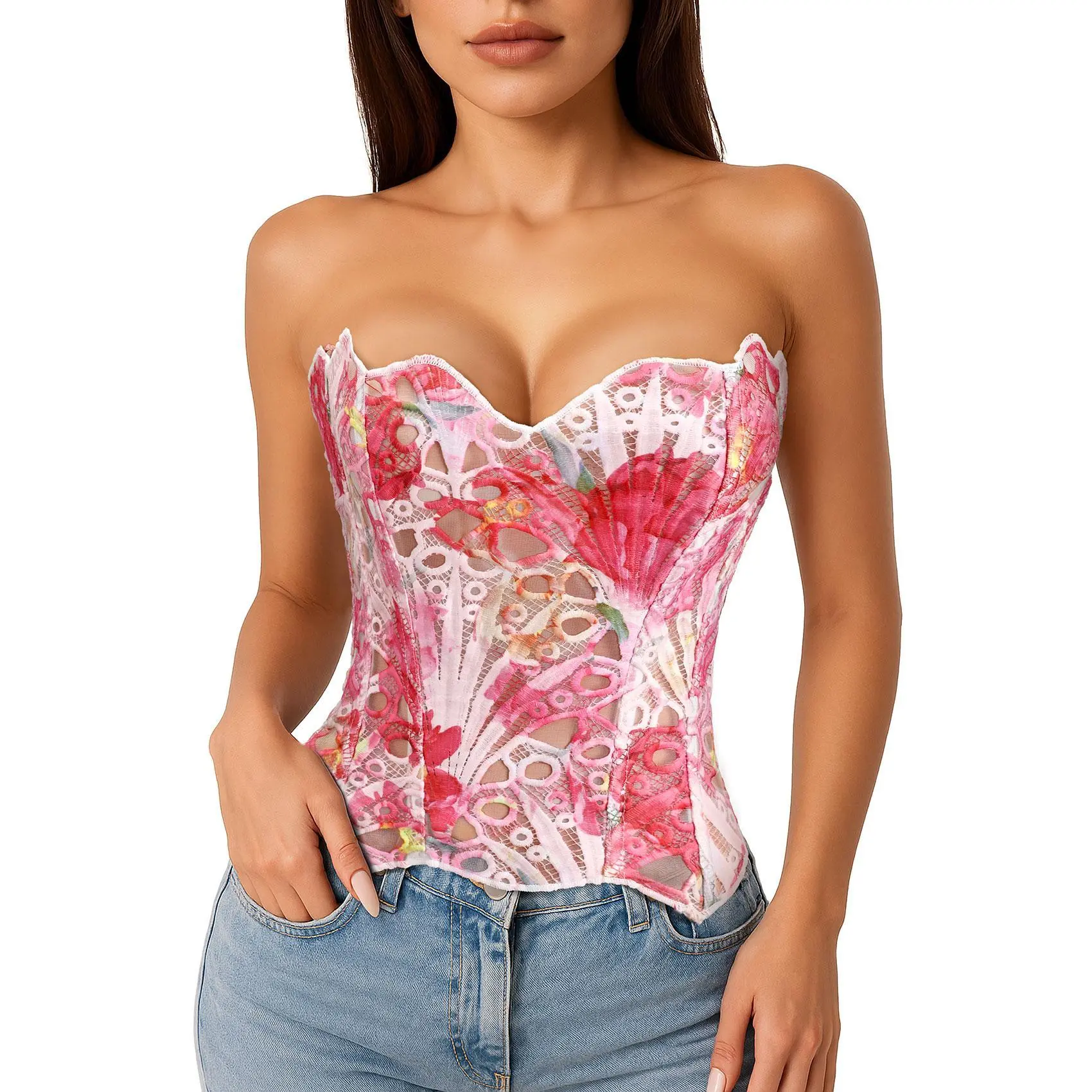 JASGOOD Corset Top for Women Sexy Textured Sheer Floral Lace Bustier Cincher Lace-up Corset Halloween Overbust Top Womenswear Polyester