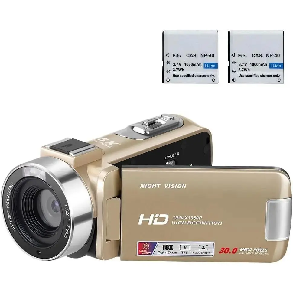 Digital Video Camcorder with 1080P 30FPS Recording, 30MP Lens, 3.0-Inch 270° LCD, 18X Digital Zoom, Setting Date and Time, User Manual, 16GB SD Card, 2 Batteries, Camera Bag, USB Cable