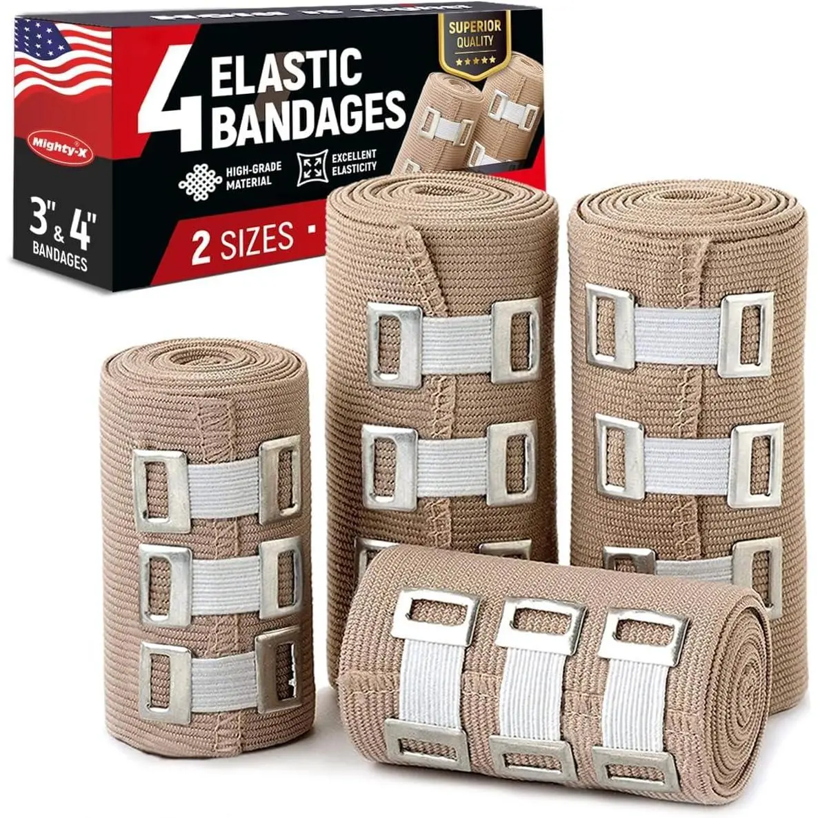 24in) + 12 Etra Clips Strong Compression Bandage Wrap for Leg, Premium Elastic Bandage Wrap 4pk (23in, Arm, Wrists, Elbow, Ankles, Feet and Knees for First Aid Kit and After Surgery Recovery