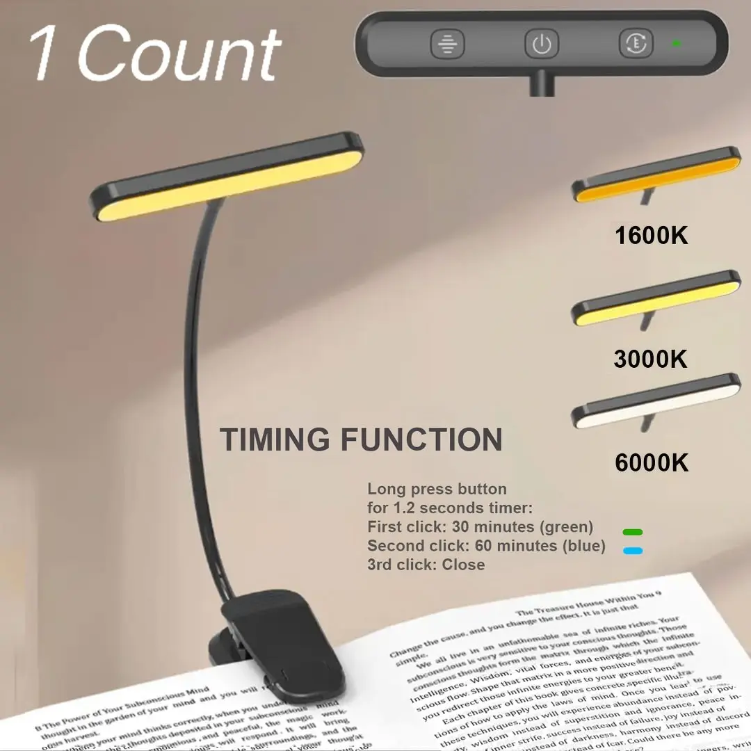 Rechargeable Clip-On Book Light, 25 LED Adjustable Bedside Reading Lamp, 5 Color Temperatures, Dimmable, 60 Hours Battery Life, Ideal for Bedroom, Dorm, Library