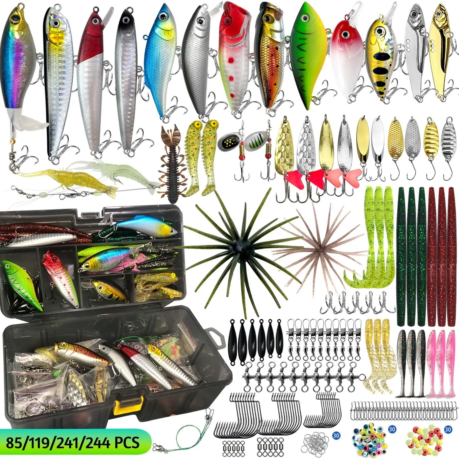 85/119/241/244pcs Fishing Lure Set with Storage Box, Artificial Lures, Suitable for Saltwater and Freshwater, Complete Fishing Gear Kit