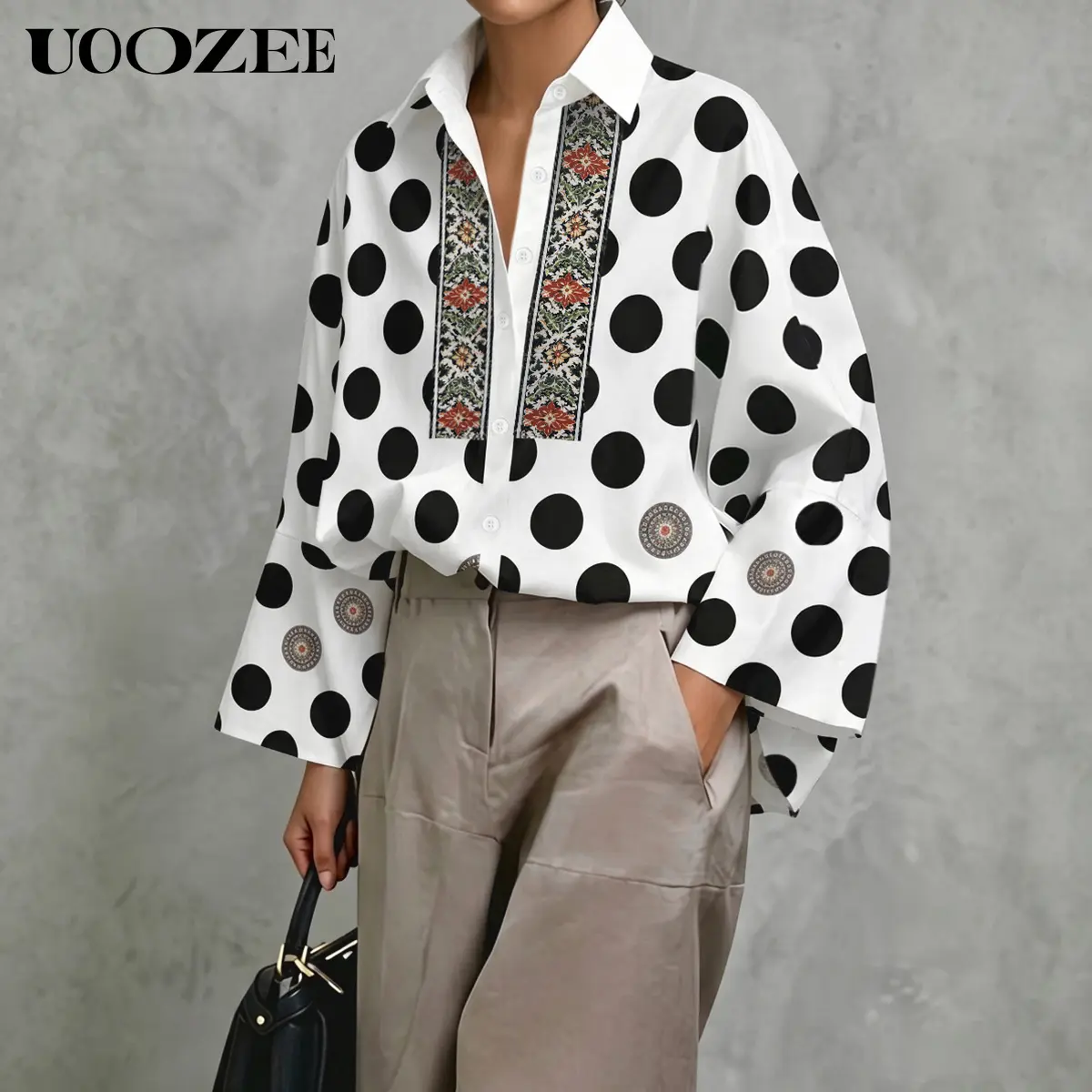 UOOZEE Women's Aesthetic Silky Oversized Polka Dot Blouse - Long Sleeve V-Neck Button-Up Loose Vintage Ethnic Print Polyester Top, Breathable, Suit for Smart Casual, Party, Wide Leg Bottoms, Women's Clothes, Plus Size Fashion (Spring, Autumn), Stylish Wom