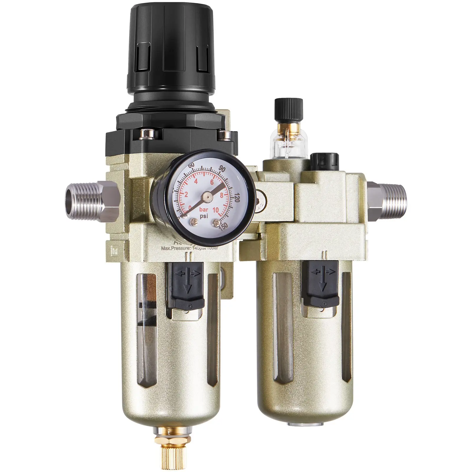 VEVOR Air Compressor Filter Regulator Lubricator (FRL), 3/8" NPT Air Compressor Water Separator, Semi-Auto Drain Air-Drying System with 5m Brass Filter Element, 145PSI Max Working Pressure, Poly Bowl