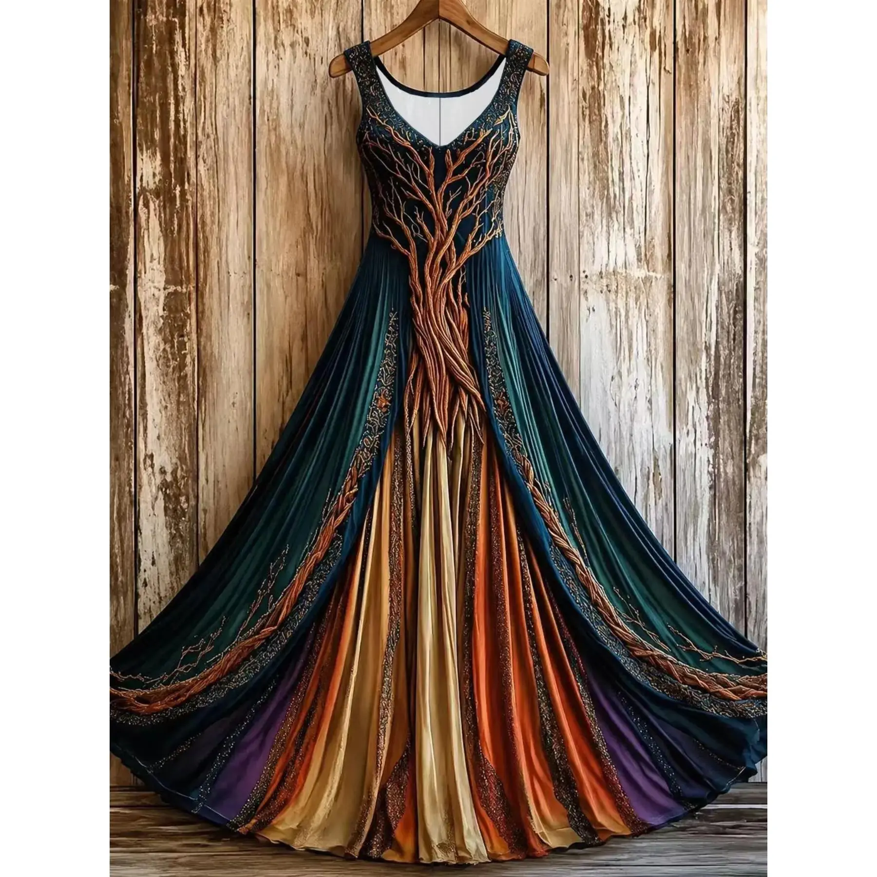 Women's Fashion Plus Size Elegant V-Neck Retro Viking Life Tree Celtic Knot Multicolor Print Art, Loose Knitted Versatile Sleeveless Dress