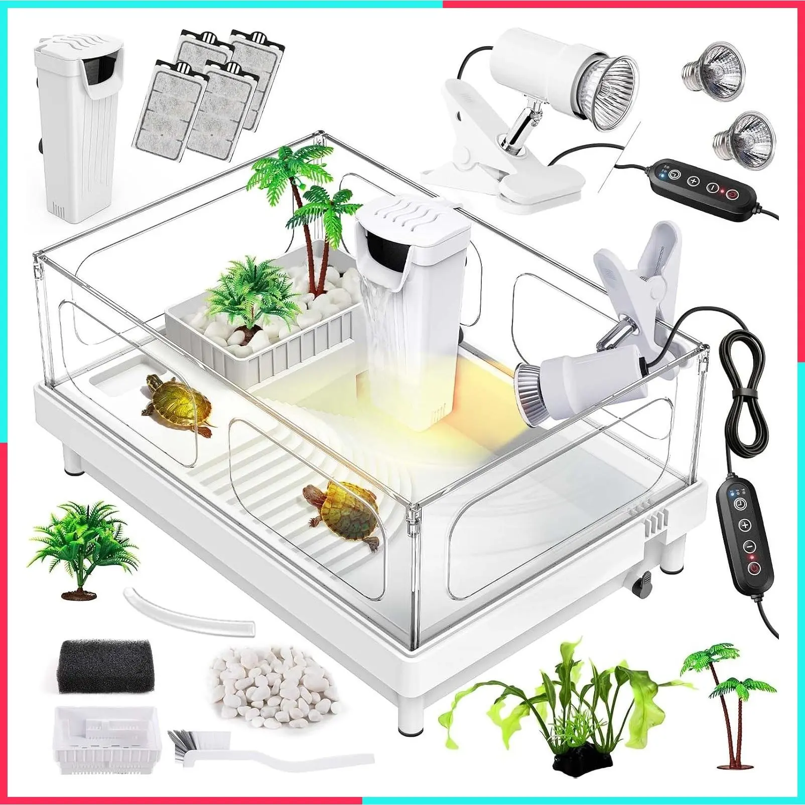 Small Turtle Tank Kit with Light & Filter, Acrylic Reptile Habitat with Basking Platform, Bottom Drain, Multi-Function Area for Small Turtles (White)