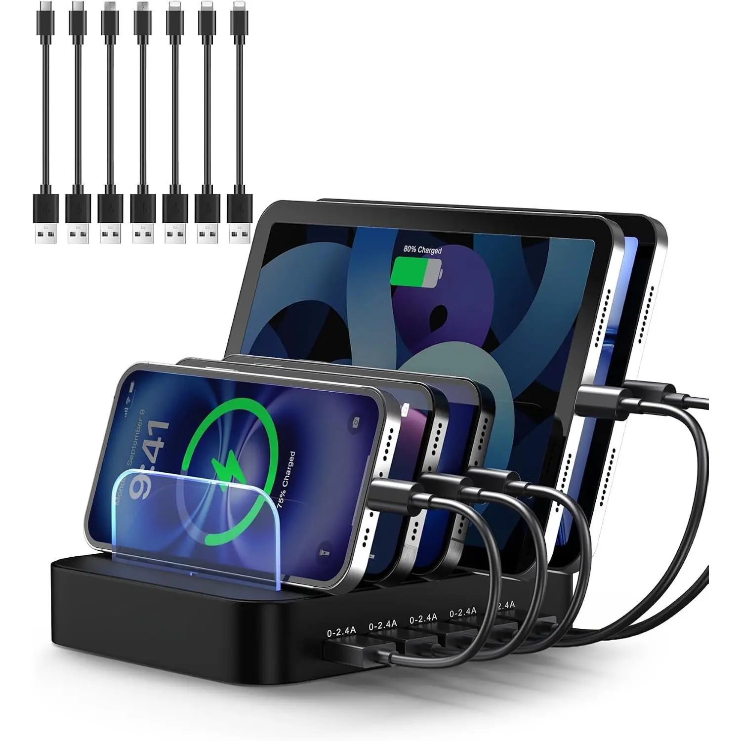 Station for Multiple Devices : 5 Port Multi USB-A Charger Stations Multi-Device Organizer  Dock Designed for  iPad Cell Phone Tablets (7 Short Cables Included), Black