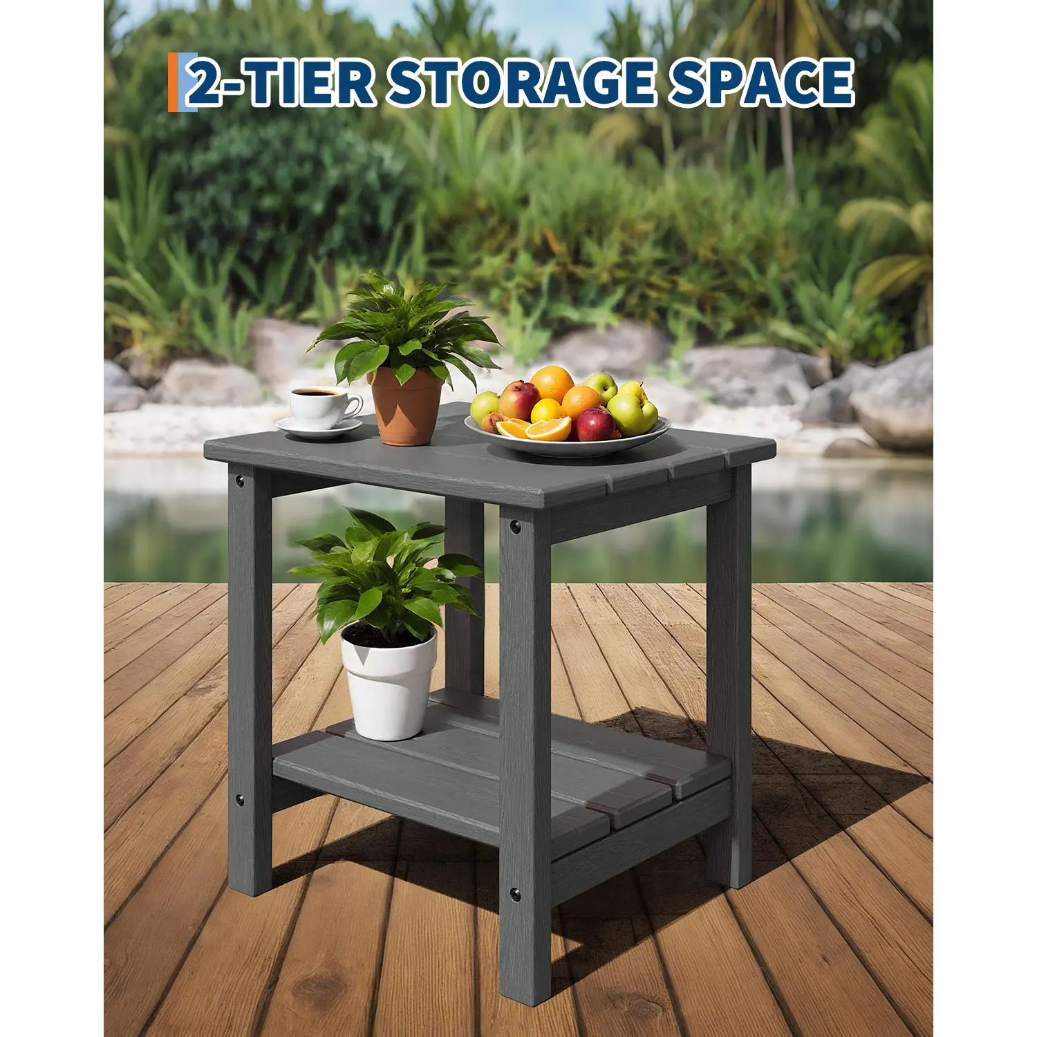Garvee Adirondack Outdoor Side Table, 18 x 15 in HDPE 2-Tier Patio End Table - All-Weather UV-Resistant - Lower Storage Shelf - for Deck, Poolside, Porch & Backyard - White/Gray