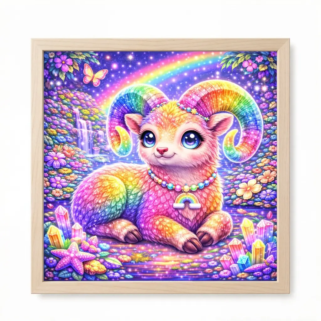 A 2D flat frameless handmade DIY diamond painting kit featuring a dreamy rainbow-horned sheep surrounded by crystals, flowers, butterflies, with a starry sky background, vibrant colors, ideal for home decor and craft enthusiasts.