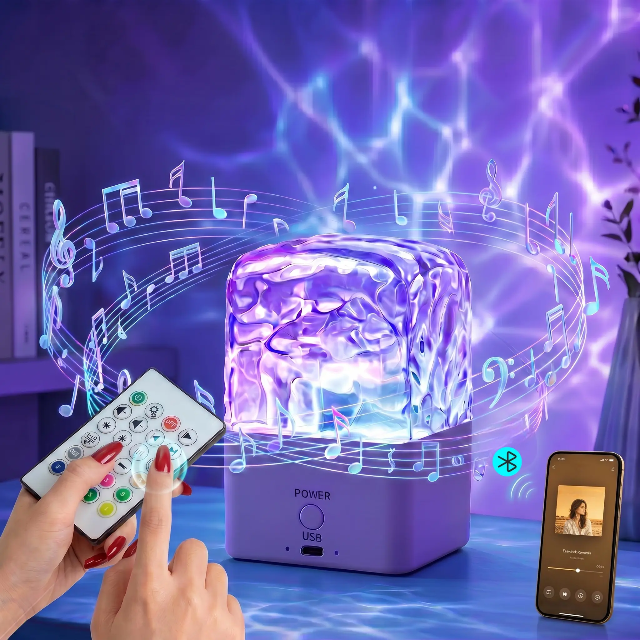 2-in-1 Water Ripple Projector Lamp with Bluetooth Speaker, USB Rechargeable RGB Ocean Wave Night Light with Remote Control, Dorm Bedroom Essential Decor Lamp, Perfect Gift for Party, Dating, Sleep & Home Ambiance-YY