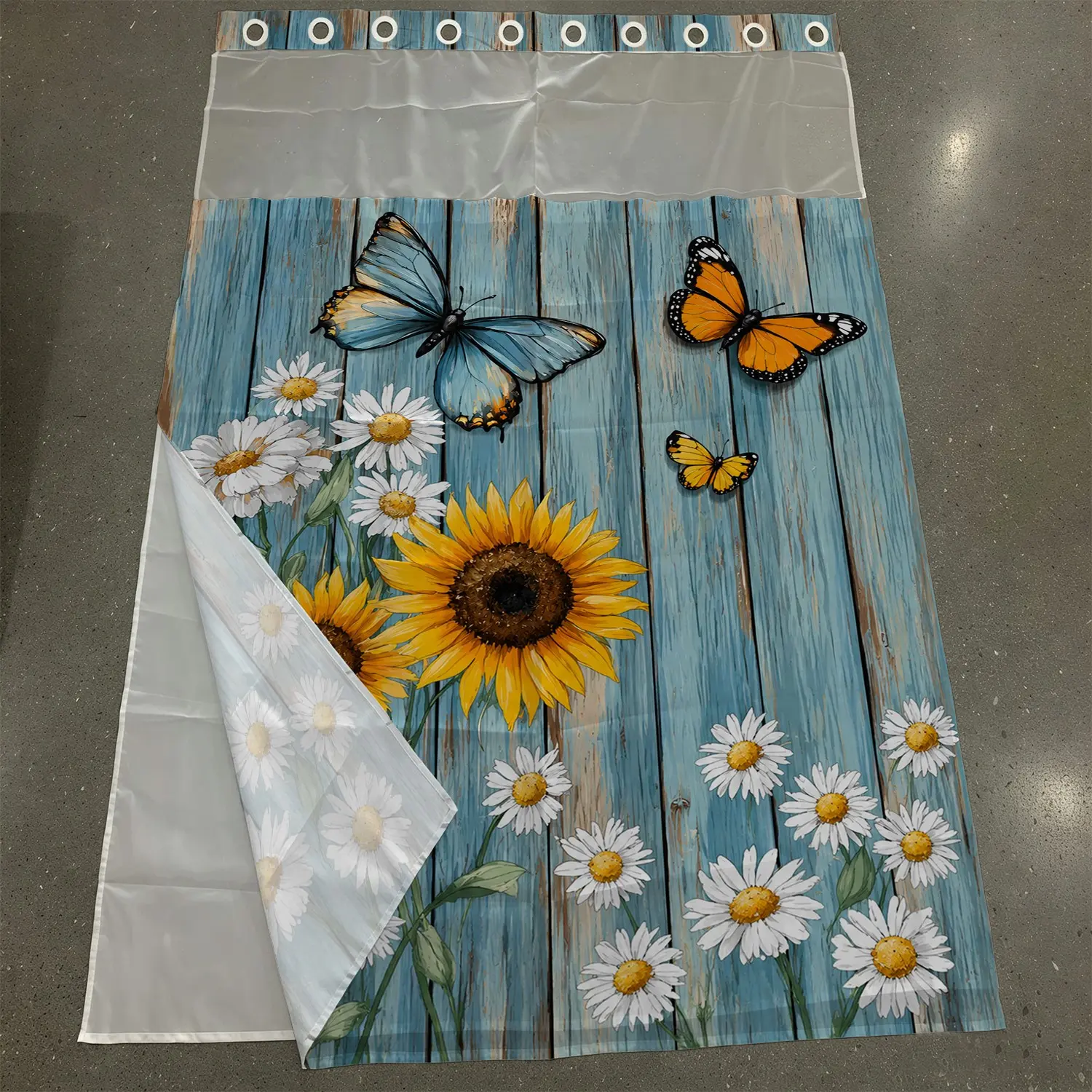 1pc Wooden Board Sunflower Daisy Butterfly Hookless Shower Curtain, 71 x 74 Inches, 2D Flat Print, Double-Layer Waterproof, Detachable with Buckles, Transparent Top Window, Bathroom Partition, All-Season Bathroom Decoration for Home and Hotel