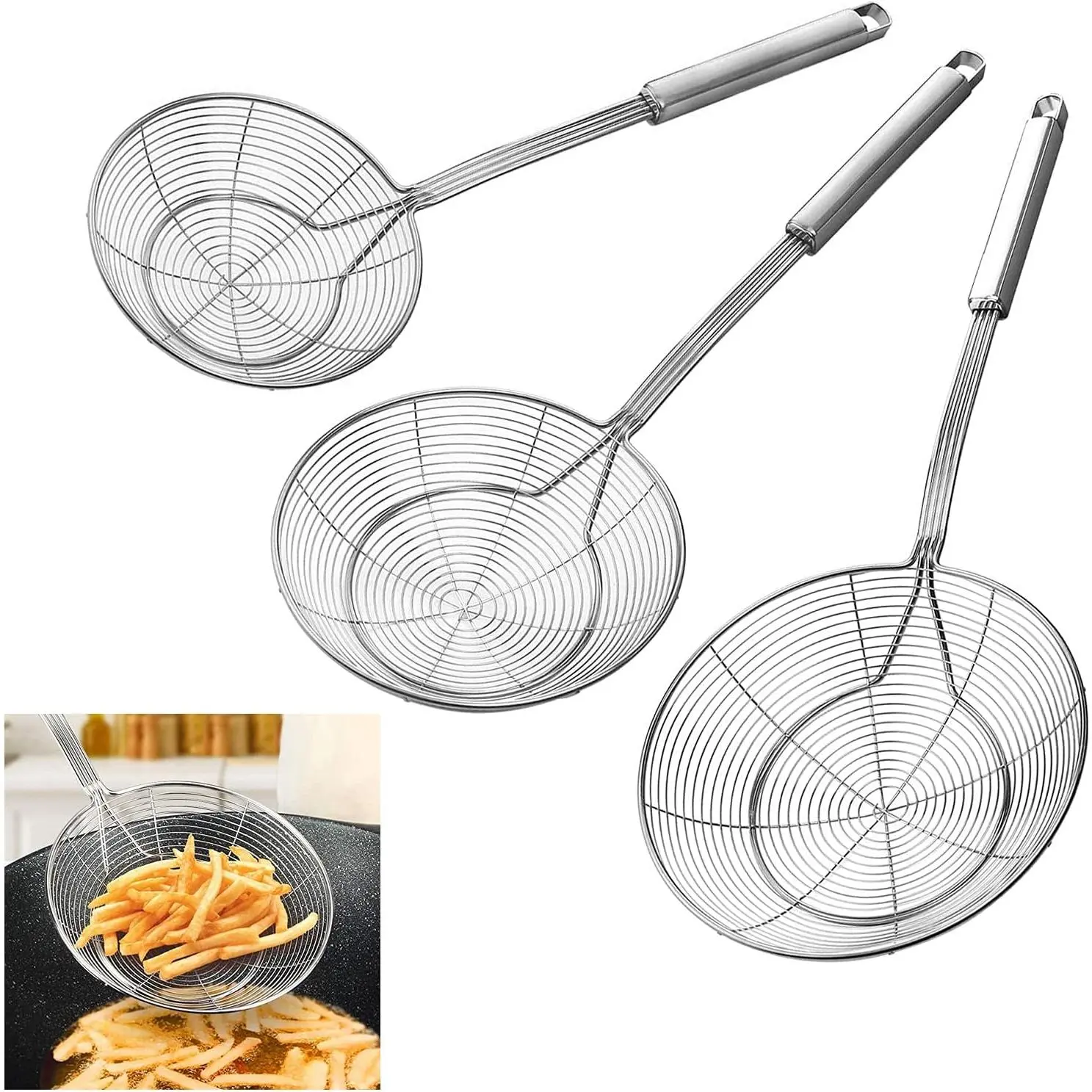 Stainless Steel Spider Strainer Skimmer Spoon For Frying and Cooking - Set of 3 Solid Wire  Strainer Ladle Pasta Strainer with Long Handle, Professional Kitchen Skimmer Ladle