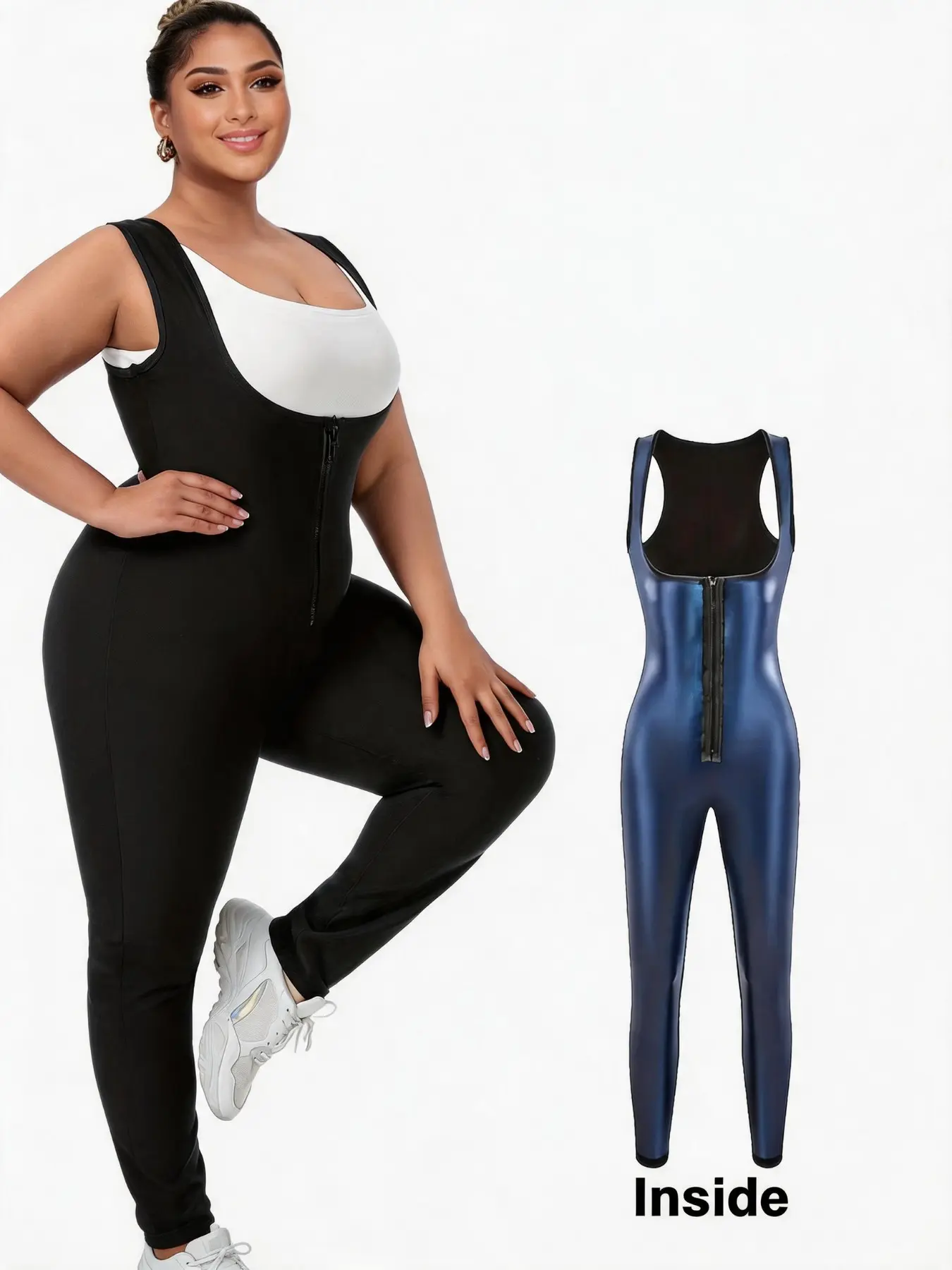 Women's Plus Size Full Body Sauna Jumpsuit 2026 New Arrival Silver Heat Retention Lining Tummy Control Butt Lifting Front Zipper Stretchy Workout Activewear for Daily Gym Yoga Fit Jumpsuits Stretchy Sports Jumpsuit Sportswear Jumpsuit