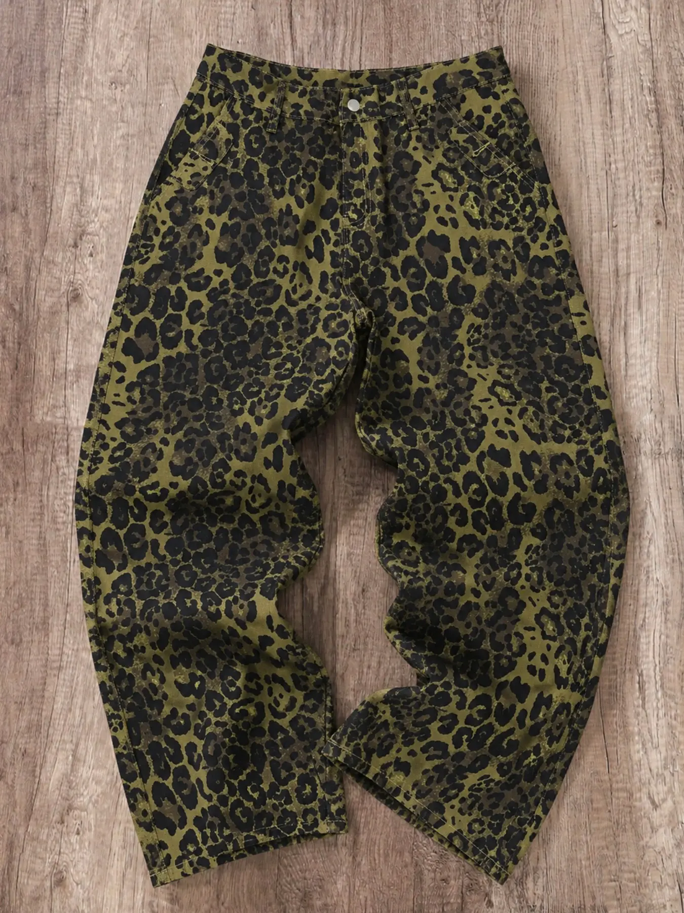 Men's Street Style Leopard Print Jeans, Loose-Fit Straight Leg Workwear Pants, Multi-Pocket Design, All-Season Fashion