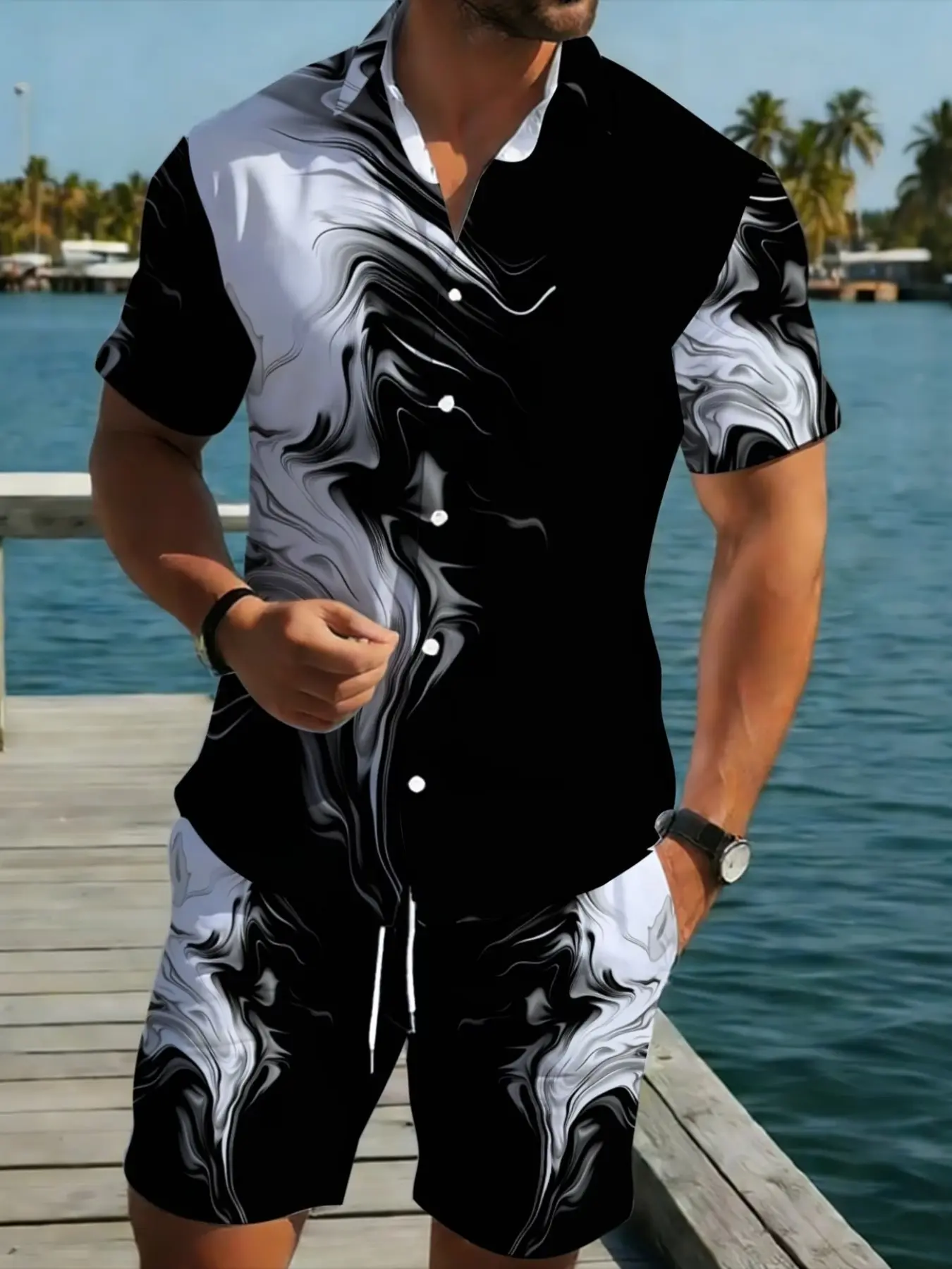Men's Polyester Short Sleeve Shirt and Pants Set, Abstract Print, Lightweight, Comfortable for Beach, Pool, Tropical, Casual Wear