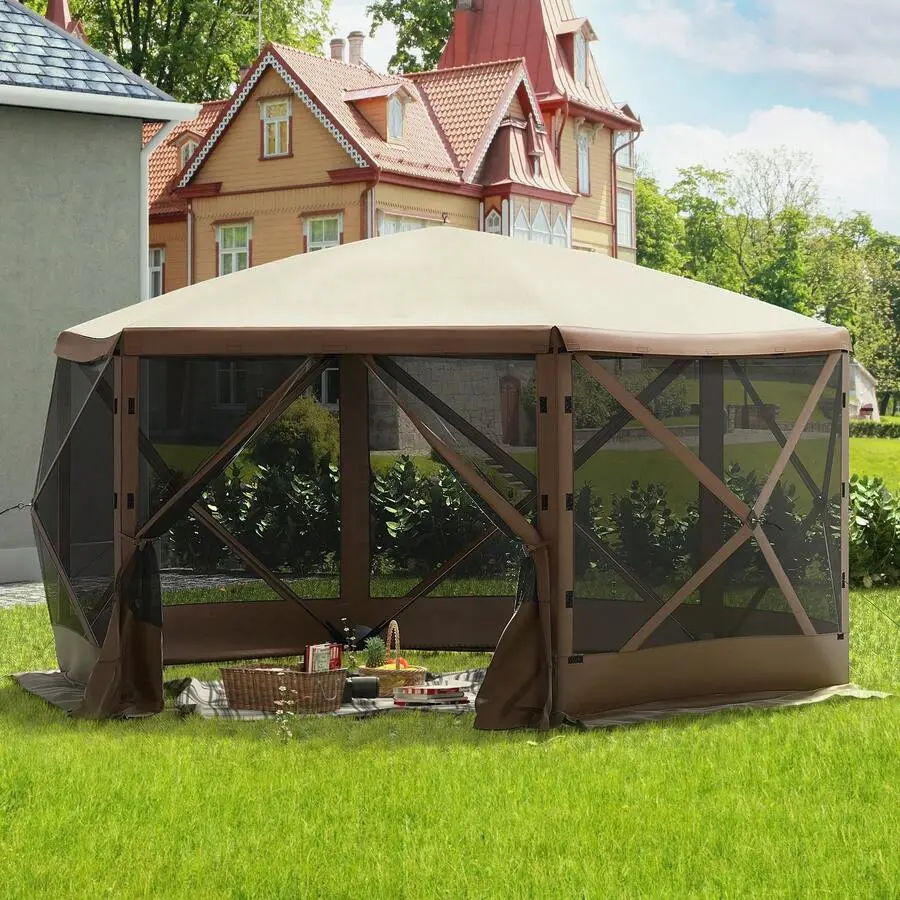 Gazebo Screen Tent, 12 X 12 Ft, 6 Sided Pop-Up Camping Canopy Shelter Tent With Mesh Windows, Portable Carry Bag, Ground Stakes, Large Shade Tents For Outdoor Camping, Lawn And Backyard