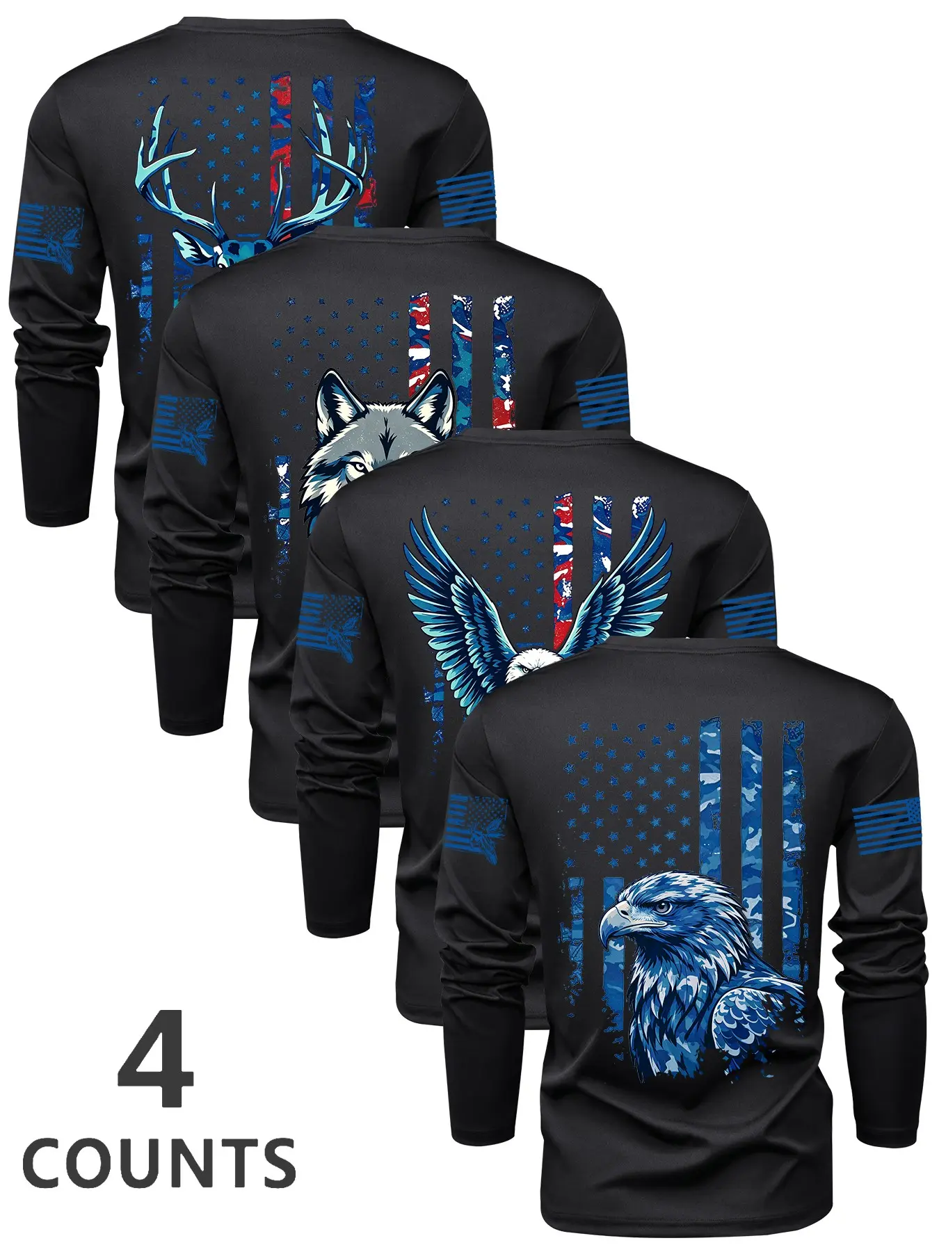 Men 4 Pack Crew Neck Long Sleeve Tees Classic Vintage Distressed American Flag Eagle Wolf Deer Animal Back & Sleeve Print Casual Patriotic Outdoor Hunting Streetwear Multipack Shirts#PatrioticWear #AmericanFlagTee #HuntingClothing#FypShop #TrendingShirts