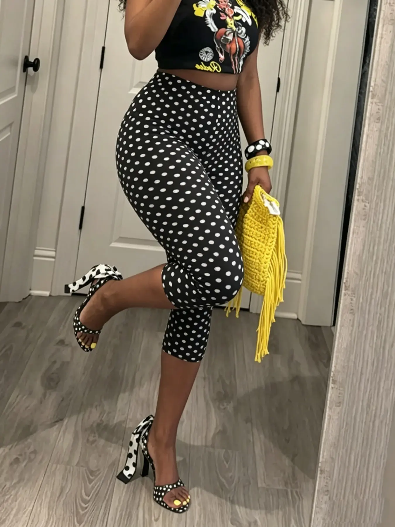 Women's High-Waisted Polka Dot Print Tight-Fit Elastic Capri Pants, Casual European and American Style for Spring and Summer, Bottoms
