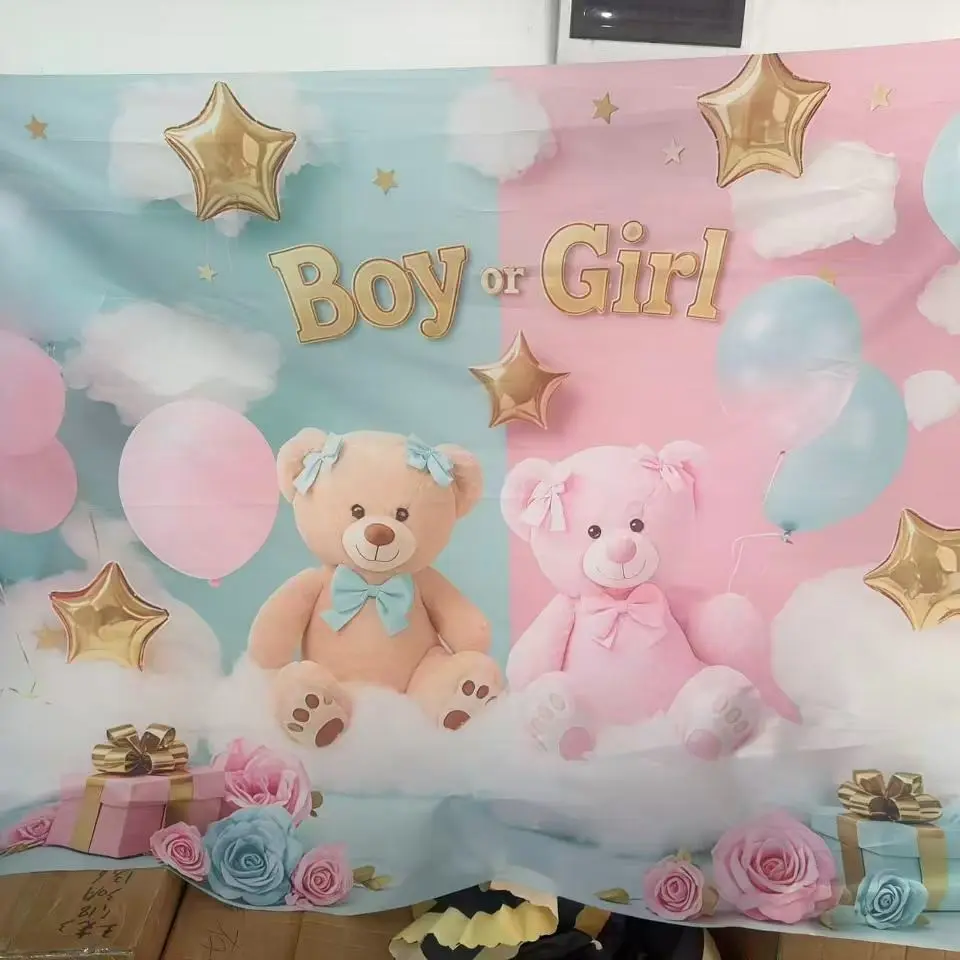 1PC Pink and Blue Gender Reveal Teddy Bear Polyester Fabric Backdrop, Backdrop Decoration, For Living Room, Bedroom, Office, Birthdays, Anniversaries, Home Decor, Outdoor and Indoor Parties, Photography Backdrop