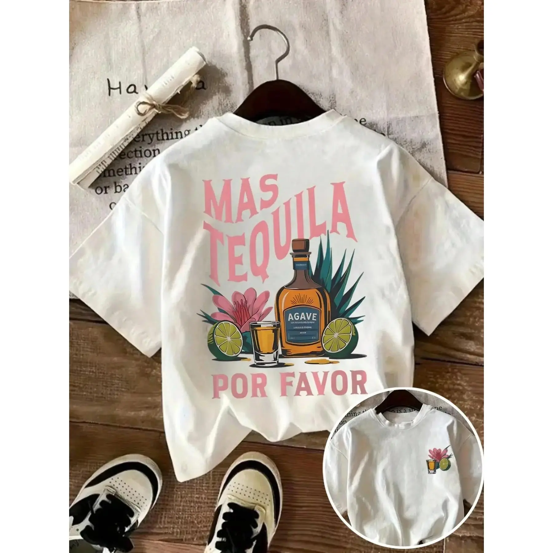 Viral Mas Tequila Por Favor Graphic T-Shirt, Oversized Cotton Summer Tee, Casual Summer Tops, Y2K Aesthetic Party & Vacation Top, Comfy Casual Shirt with Alcohol Print, Must-Have for Beach, Girls Trip & Festival Breathable