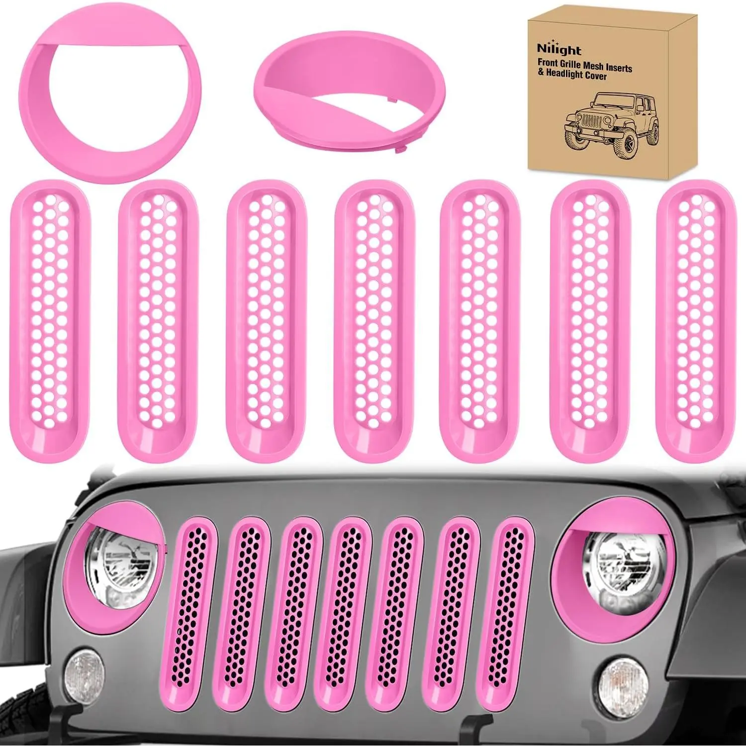 Nilight Automotive Clip-On Grill Mesh Inserts & Headlight Cover Set (9 Pieces) for Jeep Wrangler JK JKU Unlimited 2007-2018, Car Accessories, Minimalist Exterior Trim, Airflow Maintenance, Pink