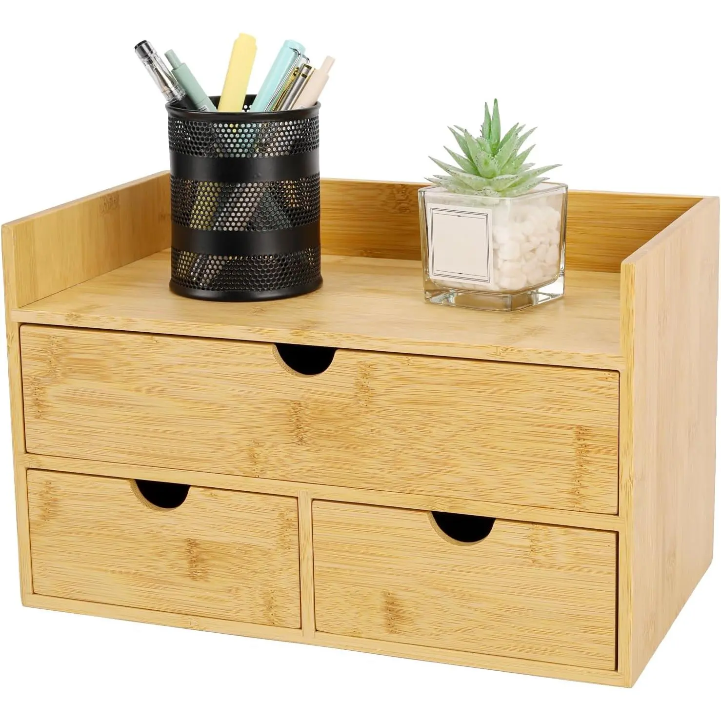 Bamboo Desk Organizer With Drawers Countertop Storage Box Corner Desk Organizer for Home Office No Assembly Required (3 Drawers with shelf)