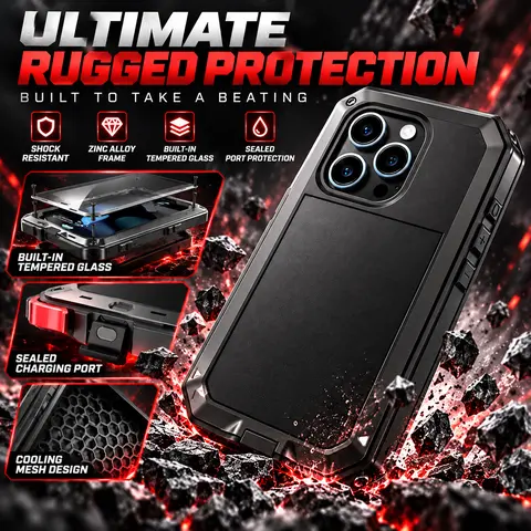 Heavy Tank Doom 9mm Hard Metal Plastic Cellphone Casing with Gorilla Glass Screen Protector, Water Proof Shockproof Armor Cover, Silicone-Lined Fingerprint Sensor Supported Buttons for iPhone Series