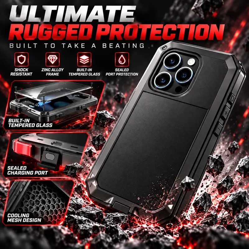 Heavy Tank Doom 9mm Hard Metal Plastic Cellphone Casing with Gorilla Glass Screen Protector, Water Proof Shockproof Armor Cover, Silicone-Lined Fingerprint Sensor Supported Buttons for iPhone Series