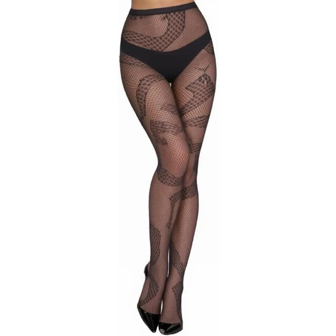 Goddess Wardrobe Women's Fishnet Tights Lace Patterned High Waist Pantyhose Stocking Sheer Leggings Hosiery for Party Everyday Cosplay Wear (US, Alpha, One Size, Regular, Regular, snake pattern)