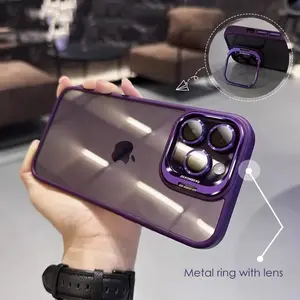 Lens Metal Ring Protector Stand Case For iPhone 15 16 14 13 12 11 Pro Max 16 Plus Camera Glass Protection Transparent Back Cover