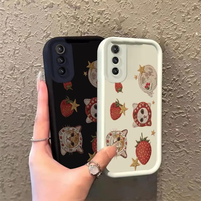 Phone case for Samsung GALAXY S21 S21PLUS Embroidered Strawberry & Kitten Patches Celestial Eye Layered Phone Case Full cover protection Shockproof TPU Enhanced Peotection ROOJTNRPC