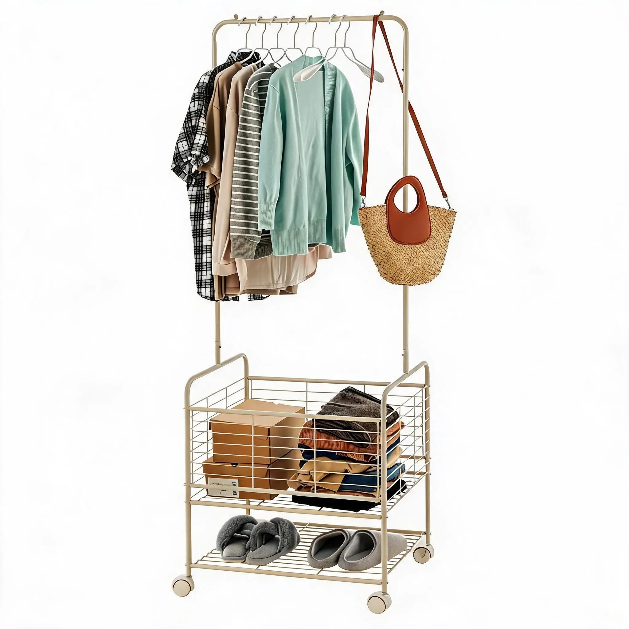 Metal Laundry Cart with Hanging Rack, Lockable Wheels, 3-in-1 Rolling Clothes Rack with Storage Shelf and Hamper Basket for Laundry Room, Bedroom and Closet