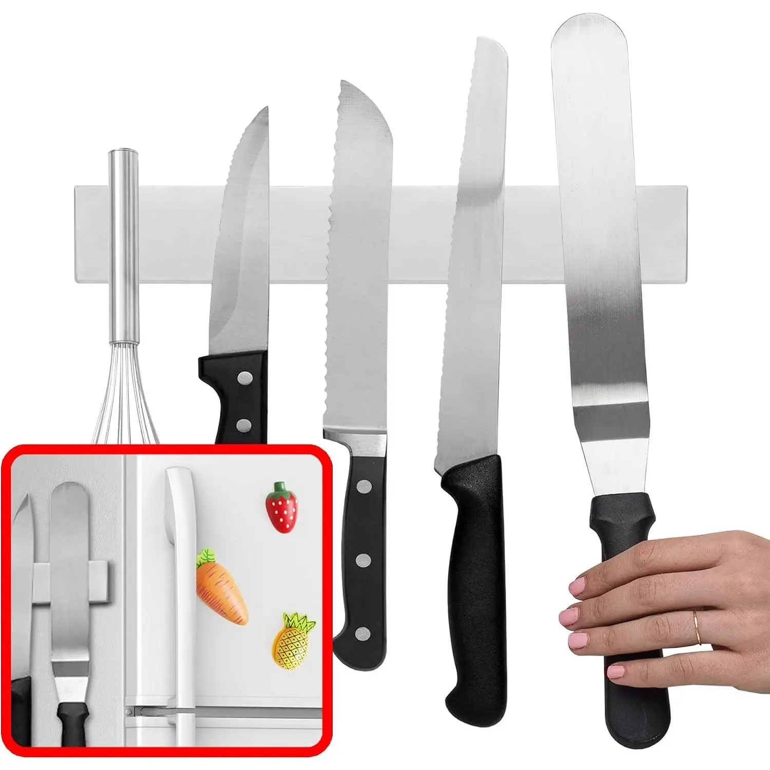 10 Inch Magnetic Knife Holder for Refrigerator, Magnetic Knife Holders for Fridge or Kitchen Wall No Drilling, Magnet Strips for Knives & Metal Utensils, Tool Rack, Stainless Steel