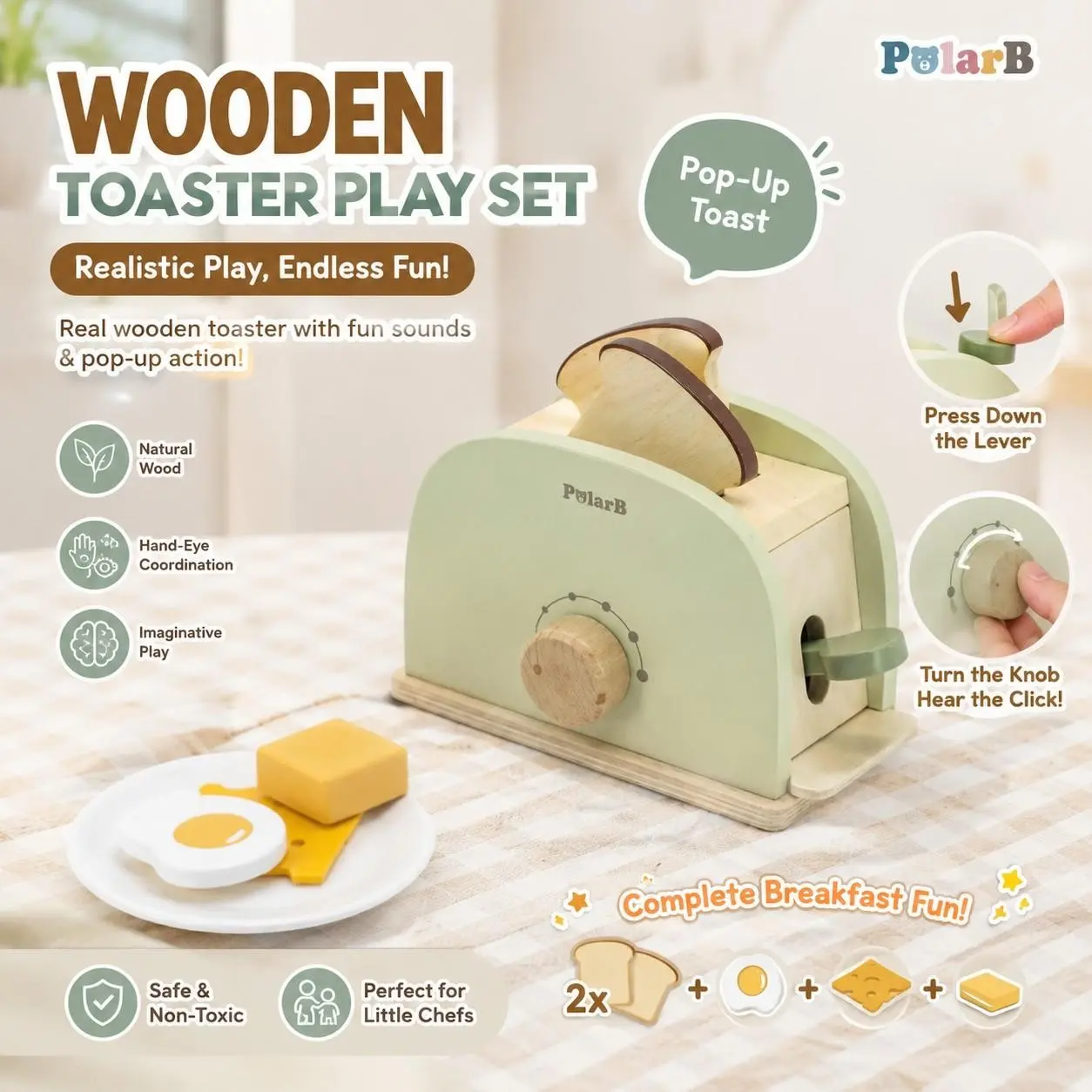 Toy Bread Maker Set, Wooden Kitchen Playset, Press & Pop Sound Effect, Includes Toast Egg Butter Plate Accessories