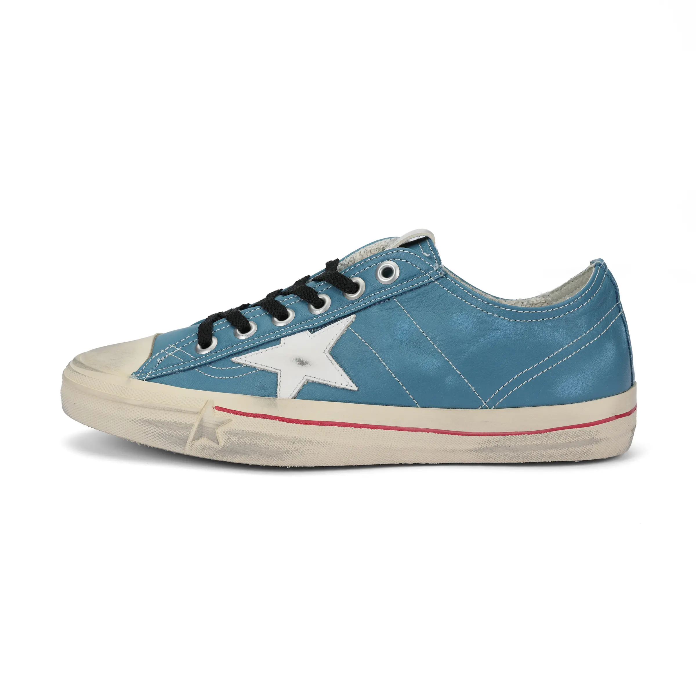 Men's Golden Goose V-Star Distressed Low-Top Leather Casual Trainers - Blue Rubber-Soled Walking Shoes, House White Official Styles with Maison Mihara Verification & Global Authentication Credentials