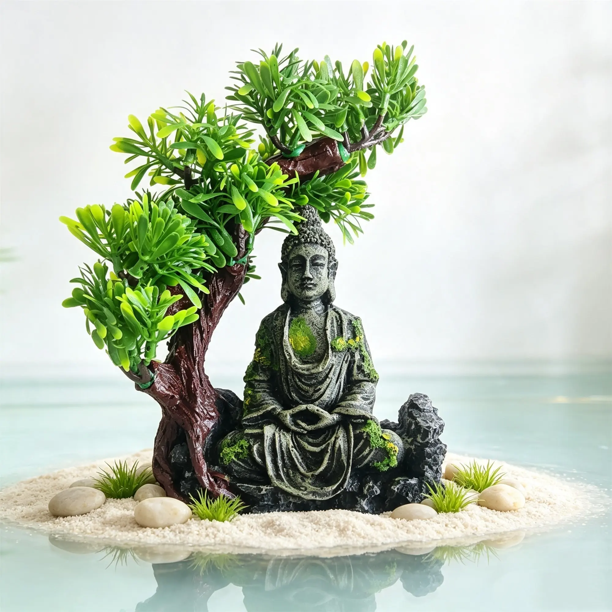 Fish Tank Decor Buddha Statue, Realistic Welcoming Pine Zen Seated Buddha Aquarium Decoration, Resin Landscape Fake Mountain Ornament, Religious Decor