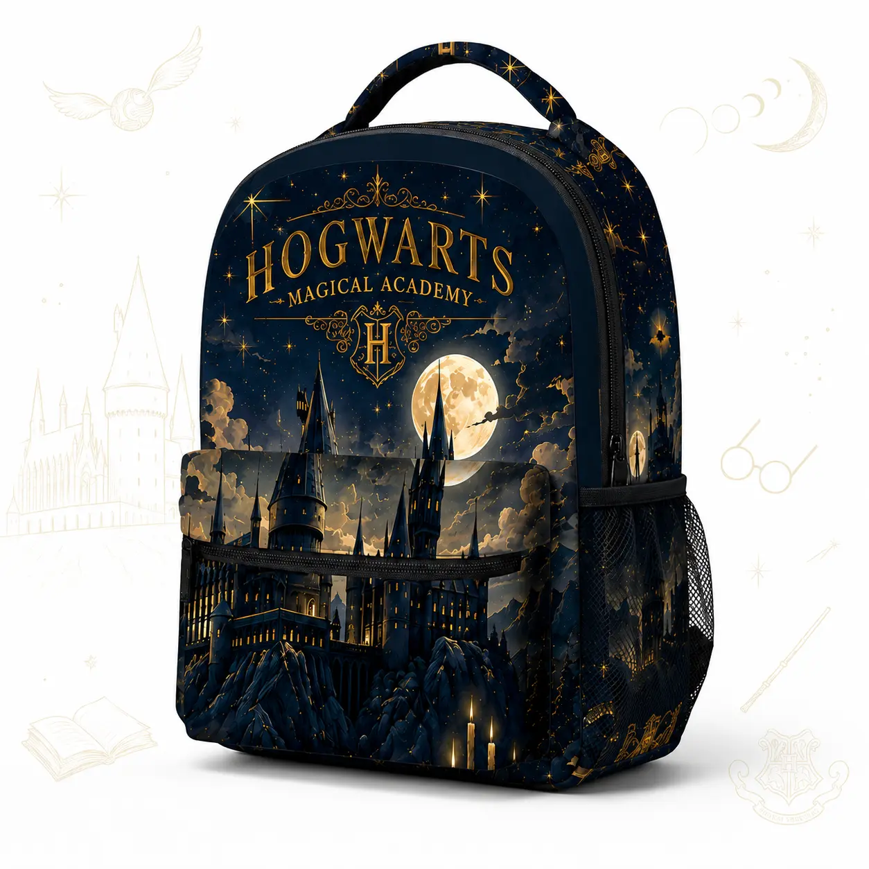 Harry Potter Hogwarts All-Over Print Backpack - Magical Academy School Bookbag with Front Zipper Pocket, Dual Mesh Side Pockets, Adjustable Straps, Teen Back to School Travel Daypack