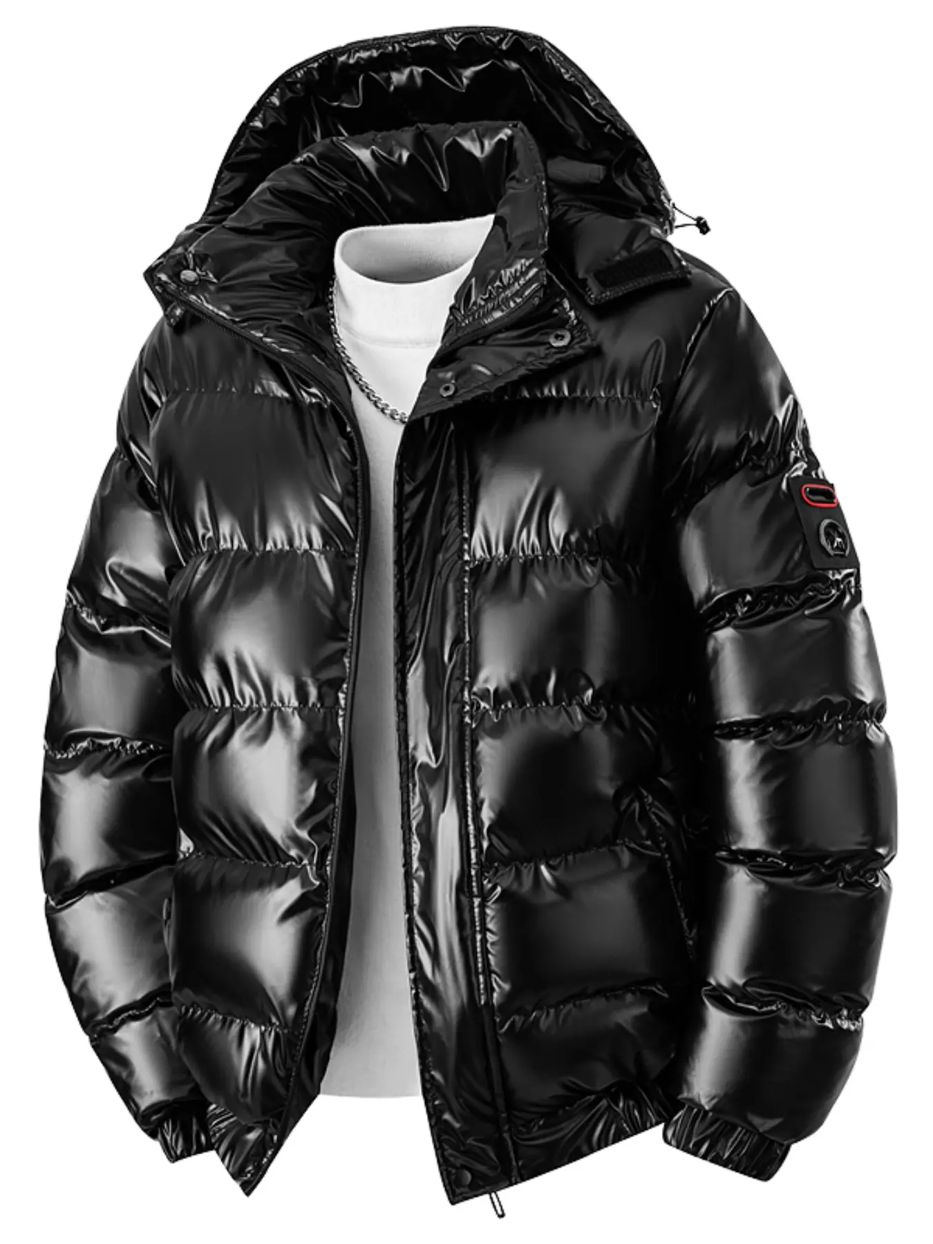 Men's Autumn & Winter Shiny Hooded Puffer Jacket, Padded Quilted Outerwear with Patch Detail, Street Style Warm Clothes