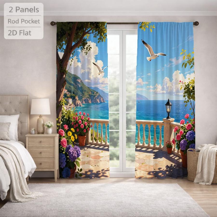 2Pcs Mediterranean Coastal Seascape Seagull Balcony Pattern Sun Blocking Curtains Digital Printed Rod Pocket, Window Treatment For Bedroom Office Kitchen Living Room Study Home Decor