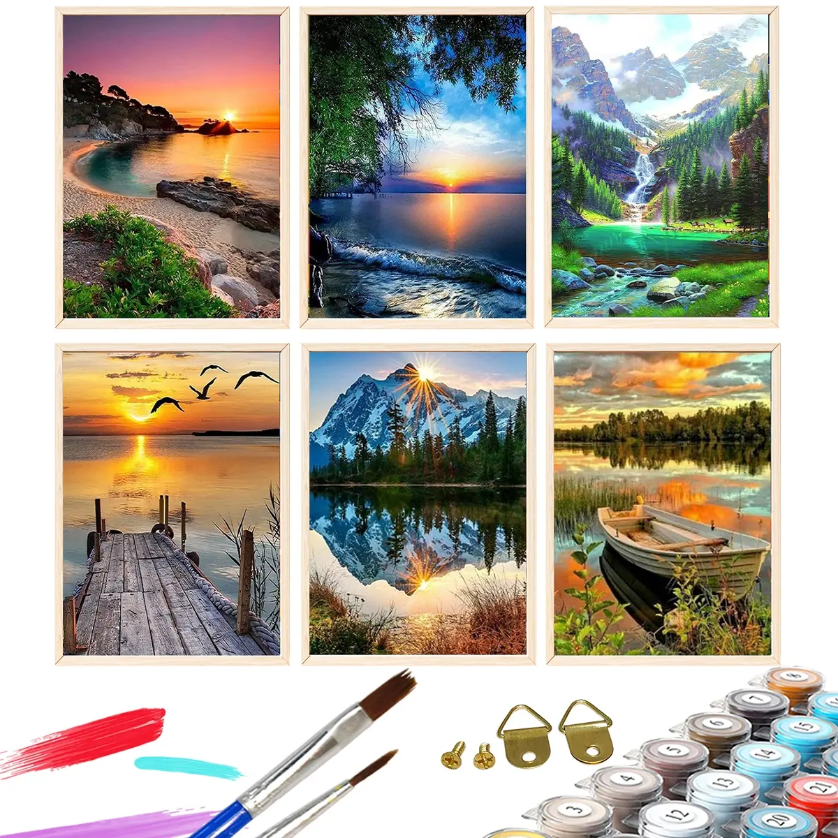 6pcs Paint By Numbers Kit for Adults Beginners -12x16in / 30x40cm Color Canvas, Easy DIY Healing Landscape Sunset Acrylic Painting Set Art Kits - Wall Decor for Living Room and Bedroom, Creative Gift for Birthday, Mother's Day and Christmas, Without Frame