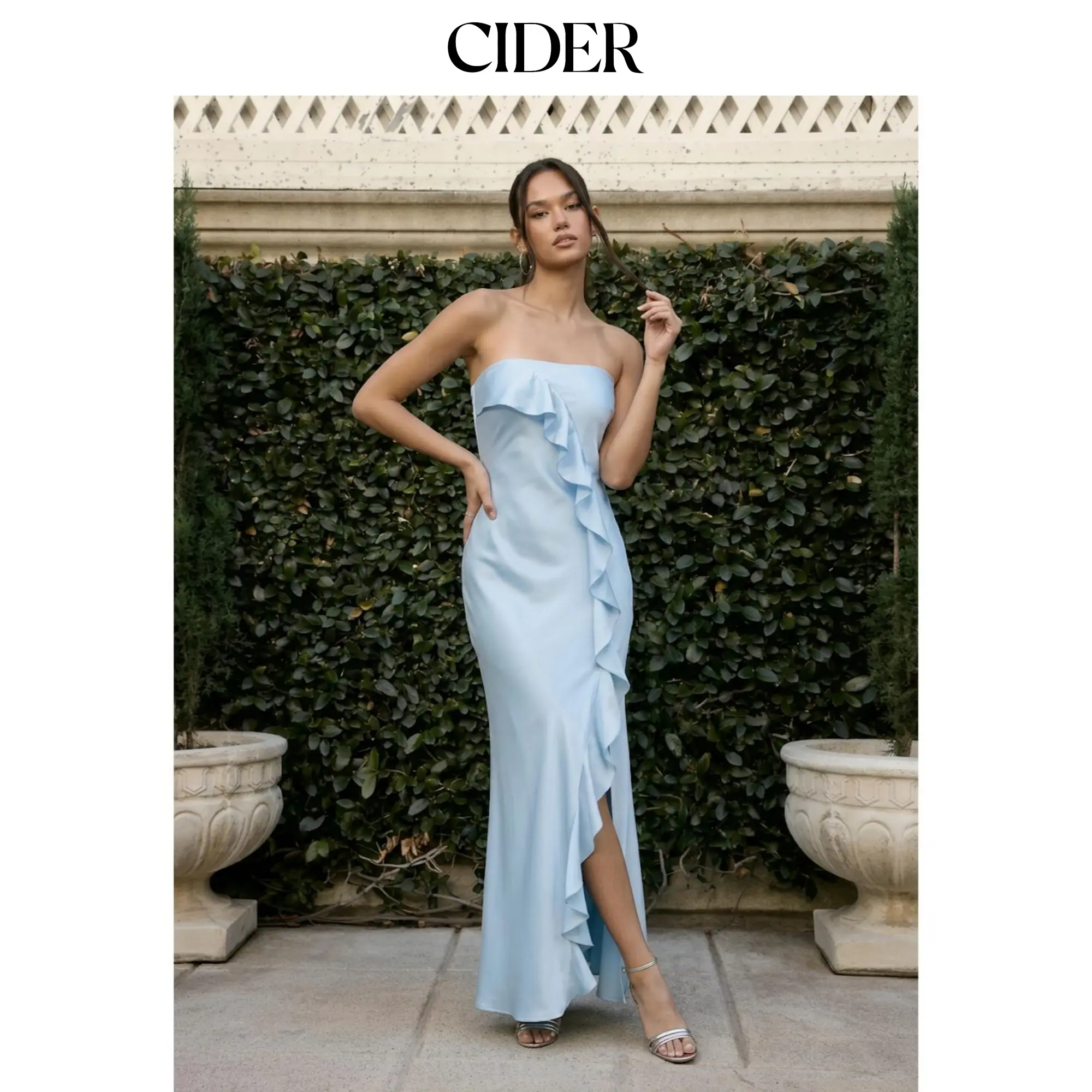 Cider Satin Ruffle Hem Split Bandeau Maxi Mermaid Dress