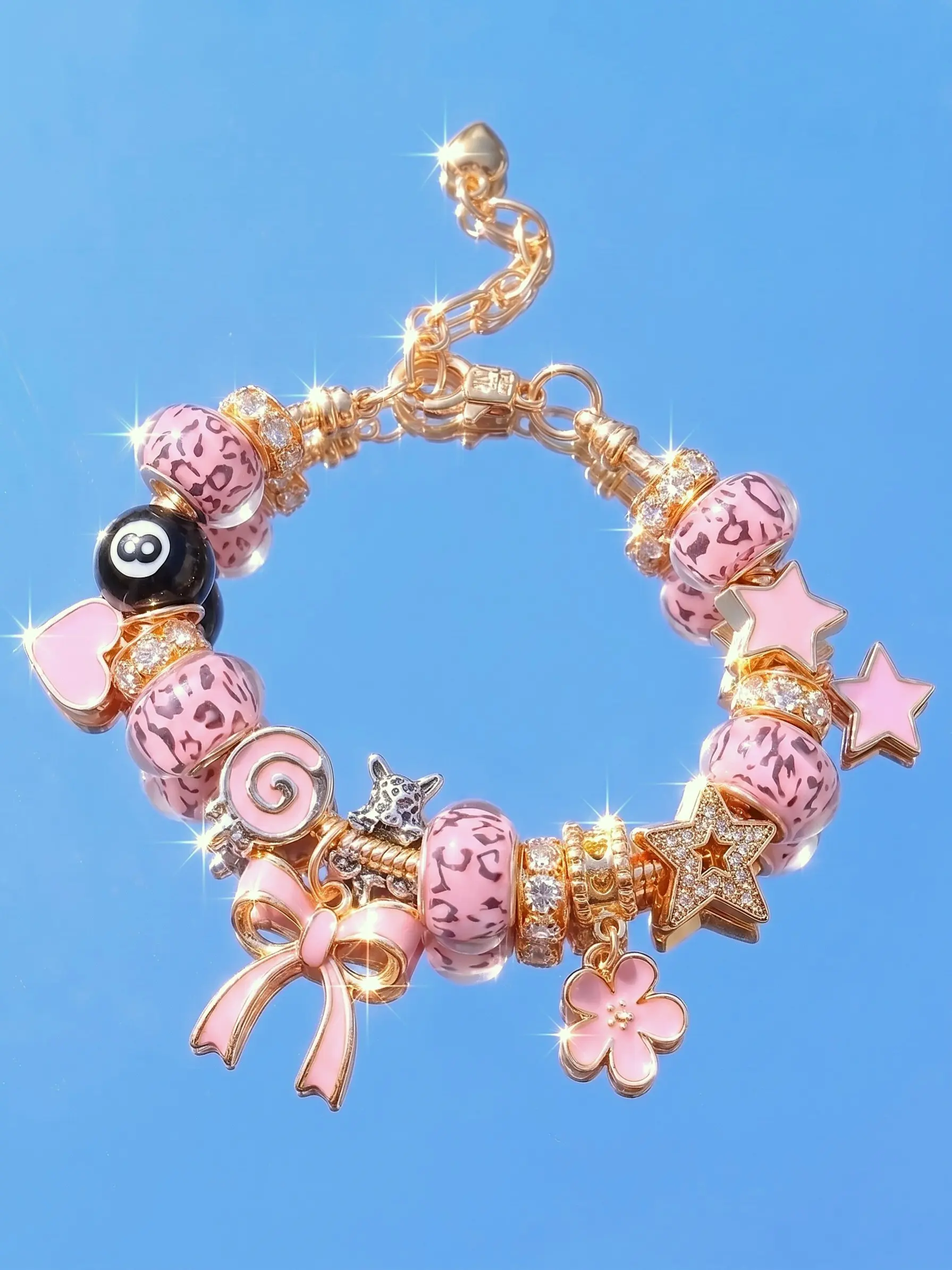 Y2K Chunky Charm Bracelets, Cross Bracelet & Leopard Print Beaded Bracelet with Bow & 8 Ball Charms, Trendy Star Girl Jewelry, Fashionable Bracelet, Exquisite Trendy Bracelet, High Quality Bracelet