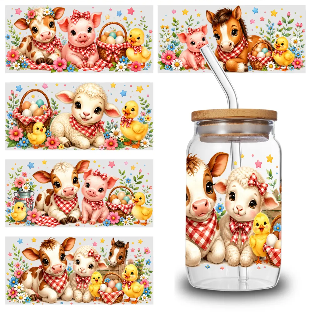 5 Sheets Farm Animals UV DTF Stickers Self-Adhesive UV DTF Transfer Stickers - 5pcs for Glass Jars, Bottles, Cups - Permanent Decoration Suitable for DIY Crafts, Wine Bottles, Water Bottles, Tea Cups