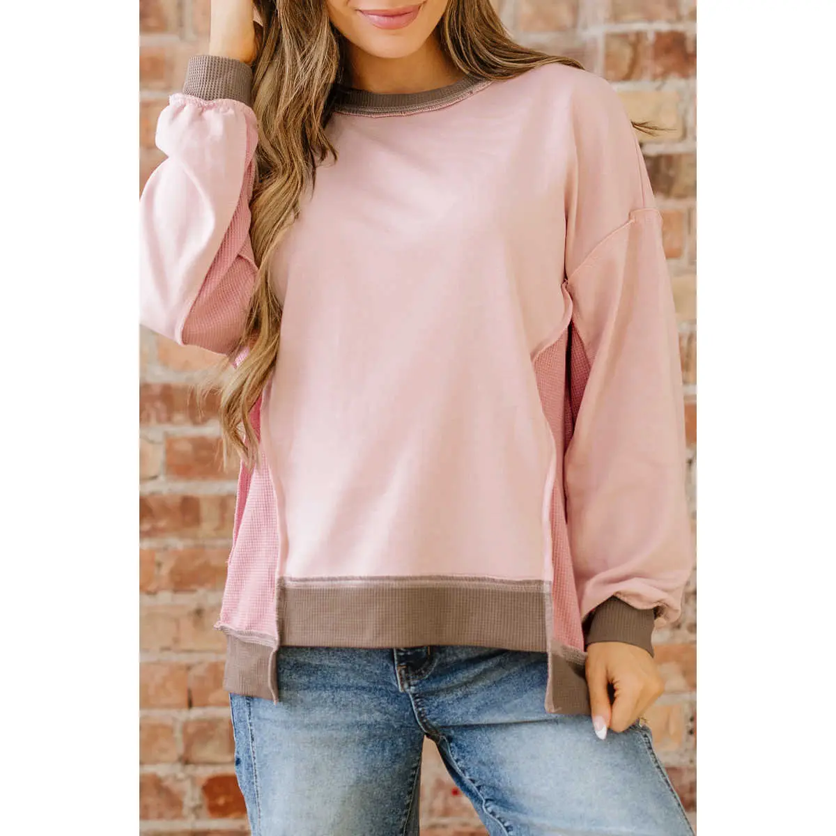 Light Pink Color Block Mix Texture Waffle Patchwork Oversize Sweatshirt