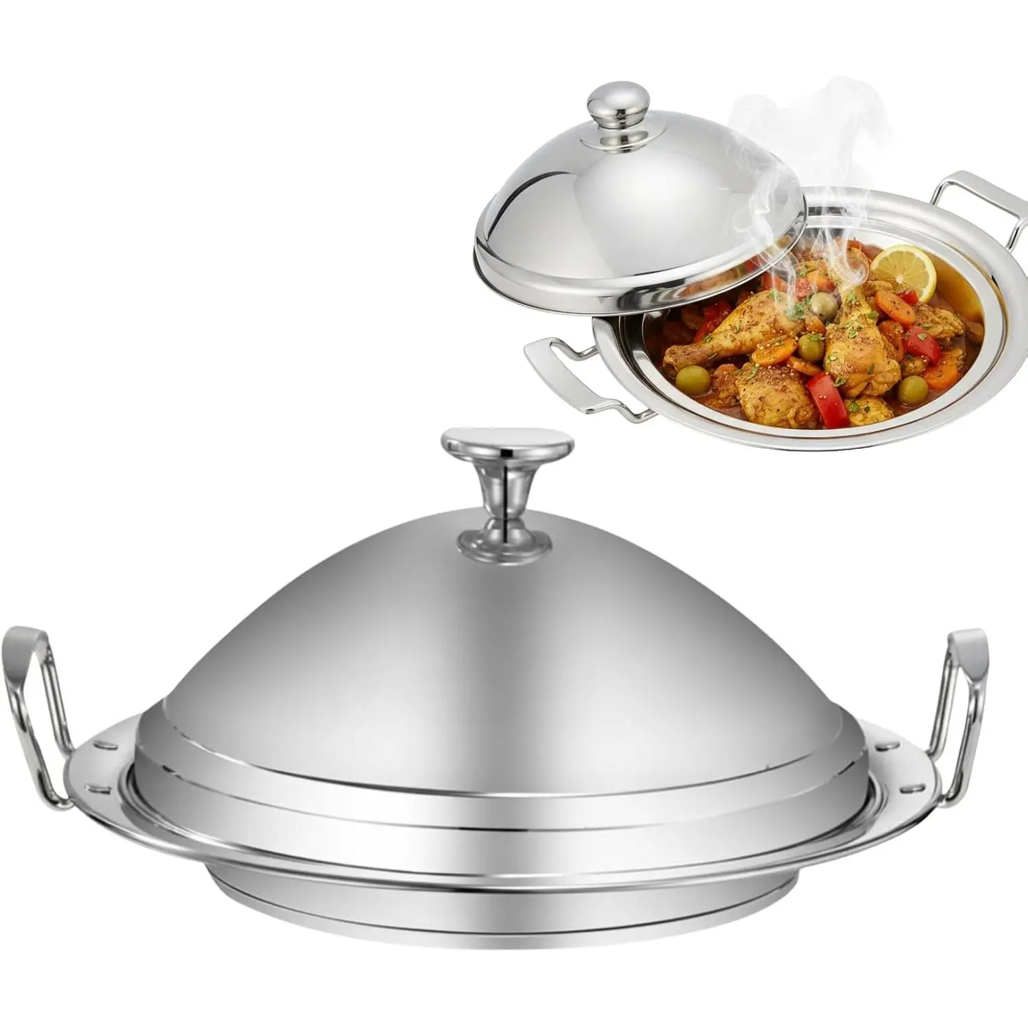 Stainless Steel Moroccan Tagine Pot, Large Moroccan Tajine Casserole with Cone-Shaped Lid, 11" Tagine Cooking Pot with 2 Handles