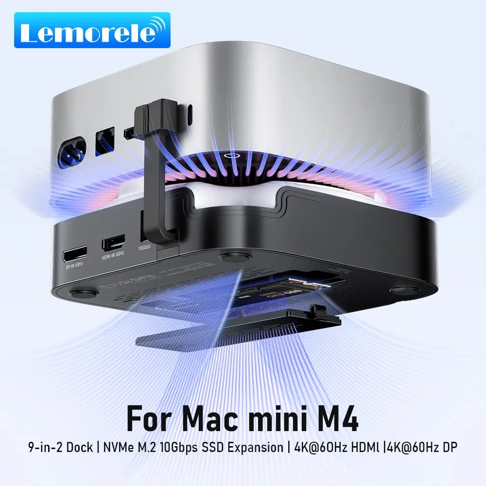 Lemorele TC800 All‑in‑One Docking Station for Mac mini M4, NVMe SSD expansion slot, 4K@60Hz dual‑screen output, 10Gbps high‑speed transmission, SD/TF card reader, Dual Card Slots, integrated design for clean desktop and full‑featured expansion