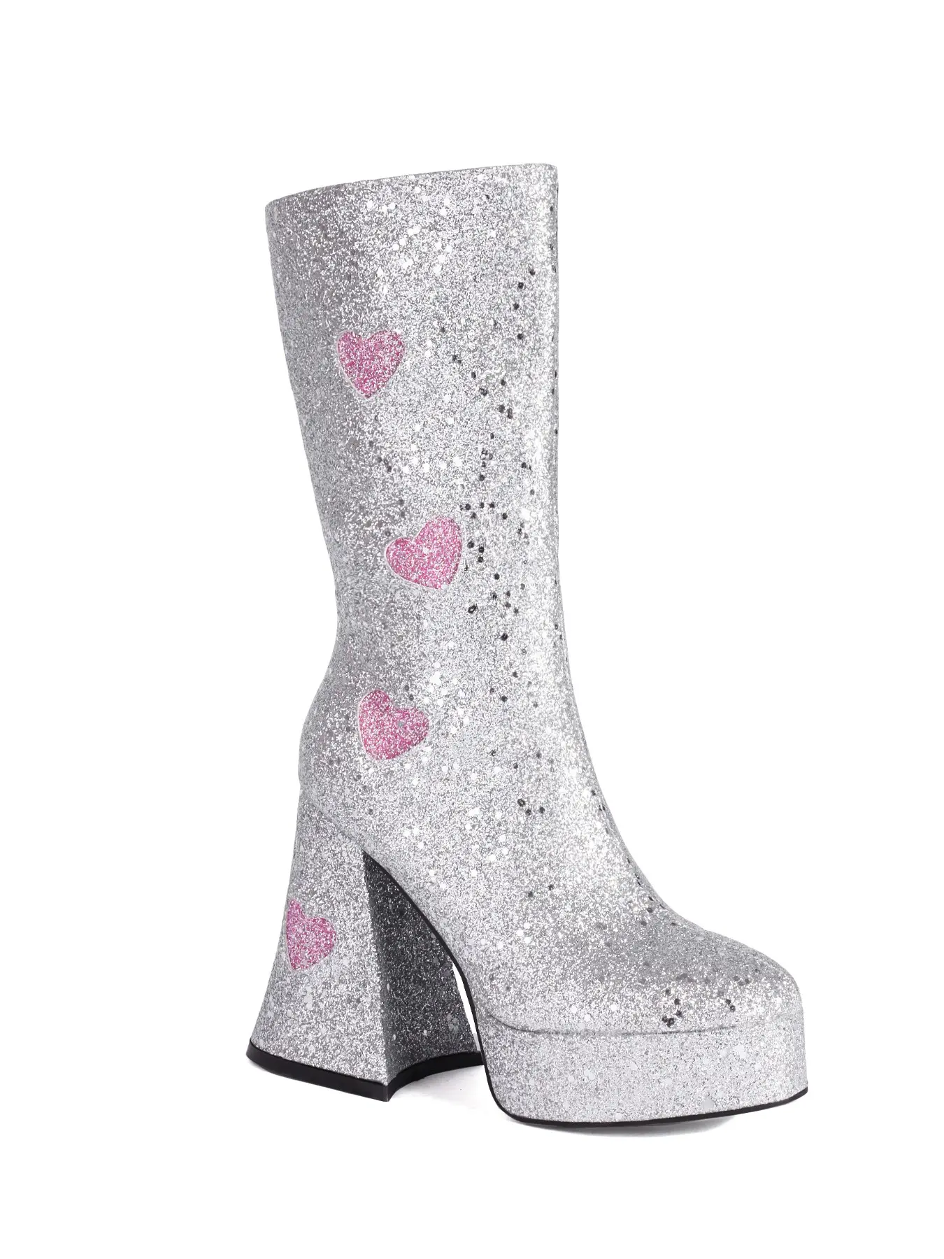 Heart-Shaped Sequins Thick Heel Bell Bottom Mid-Calf Boots, High Heeled Women's Shoes, Chunky Sole Platform Booties